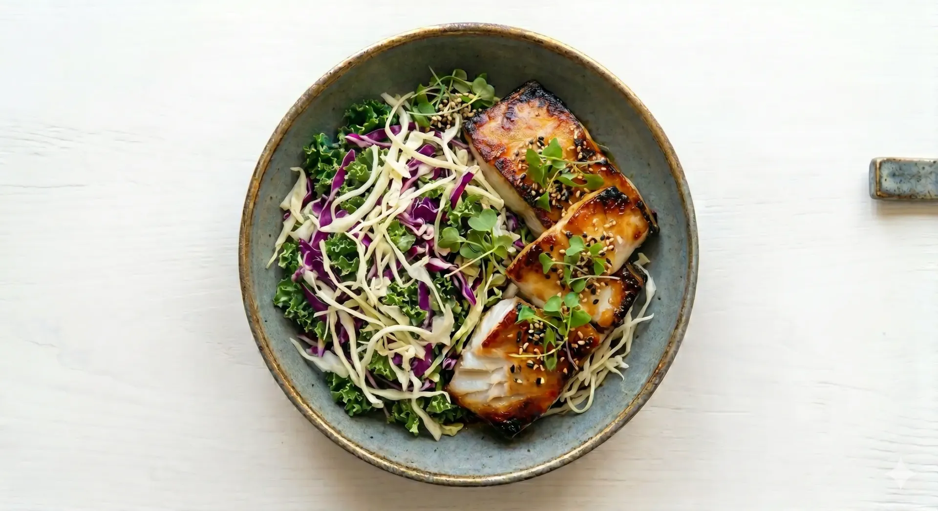 Miso Glazed Fish With Kale & Cabbage Slaw Bowl